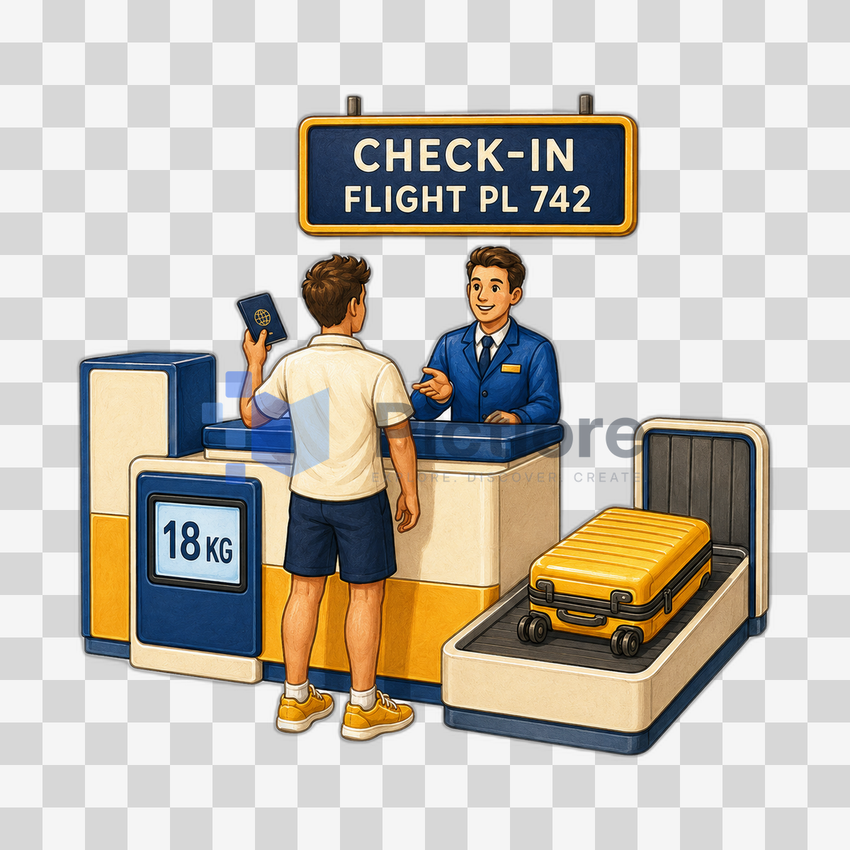 Male traveller presenting his passport to an airport employee beside an 18 KG baggage display and yellow suitcase.