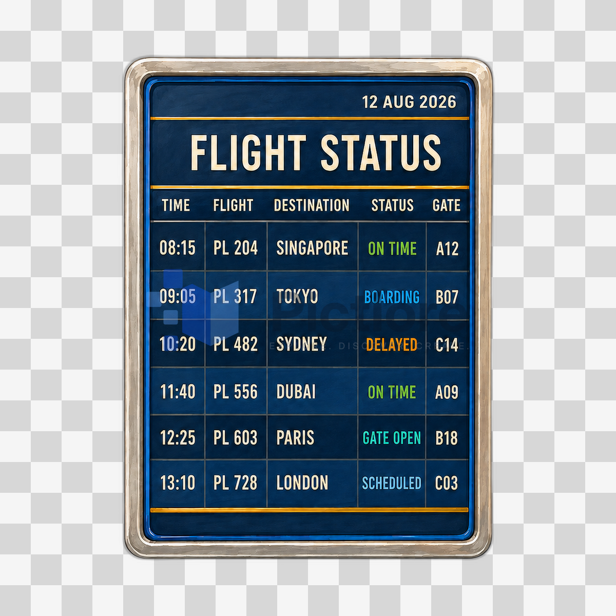 Illustrated airport flight status board with departure information and colour-coded updates