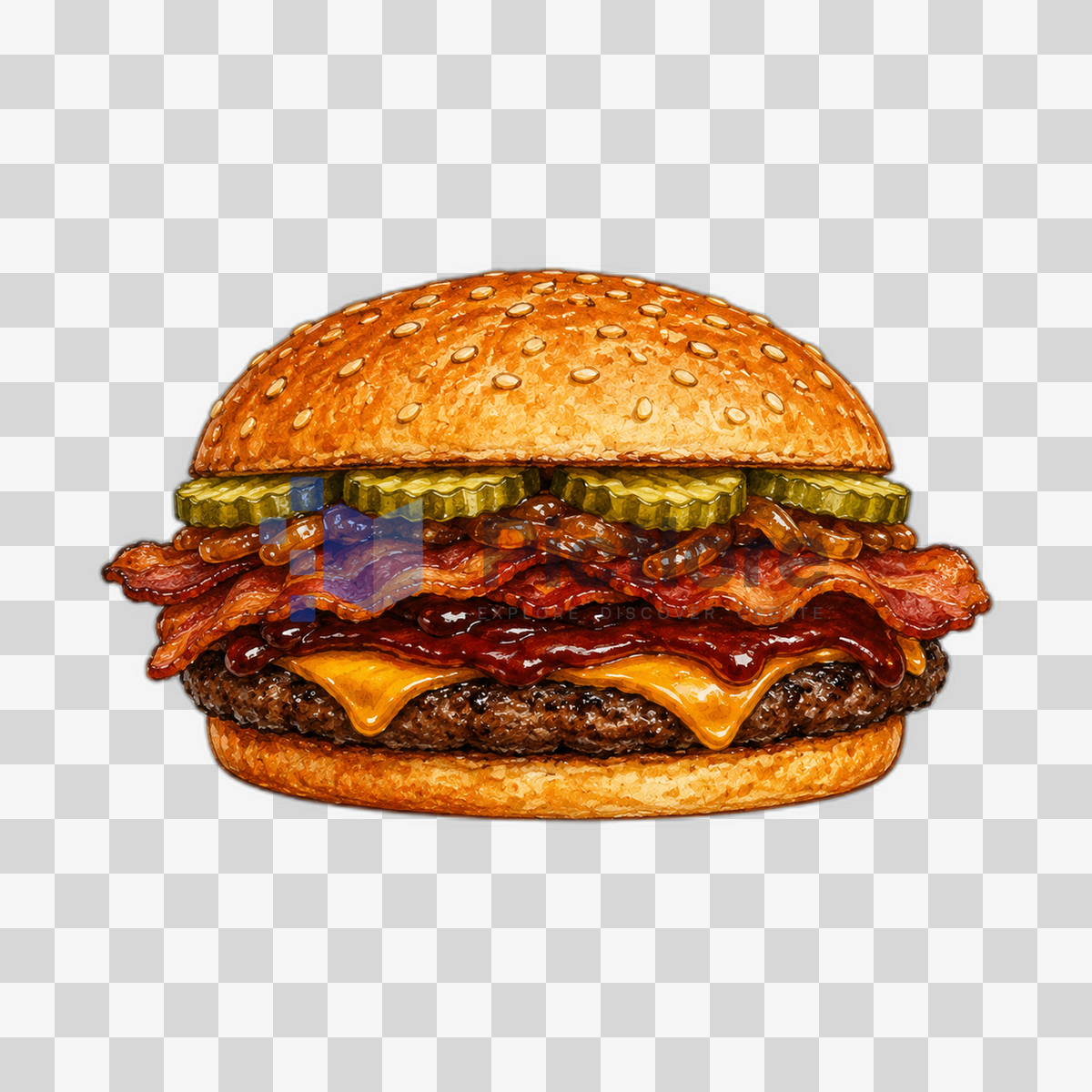 BBQ bacon cheeseburger with a beef patty, melted cheddar, crispy bacon, dill pickles, caramelised onions and sauce.