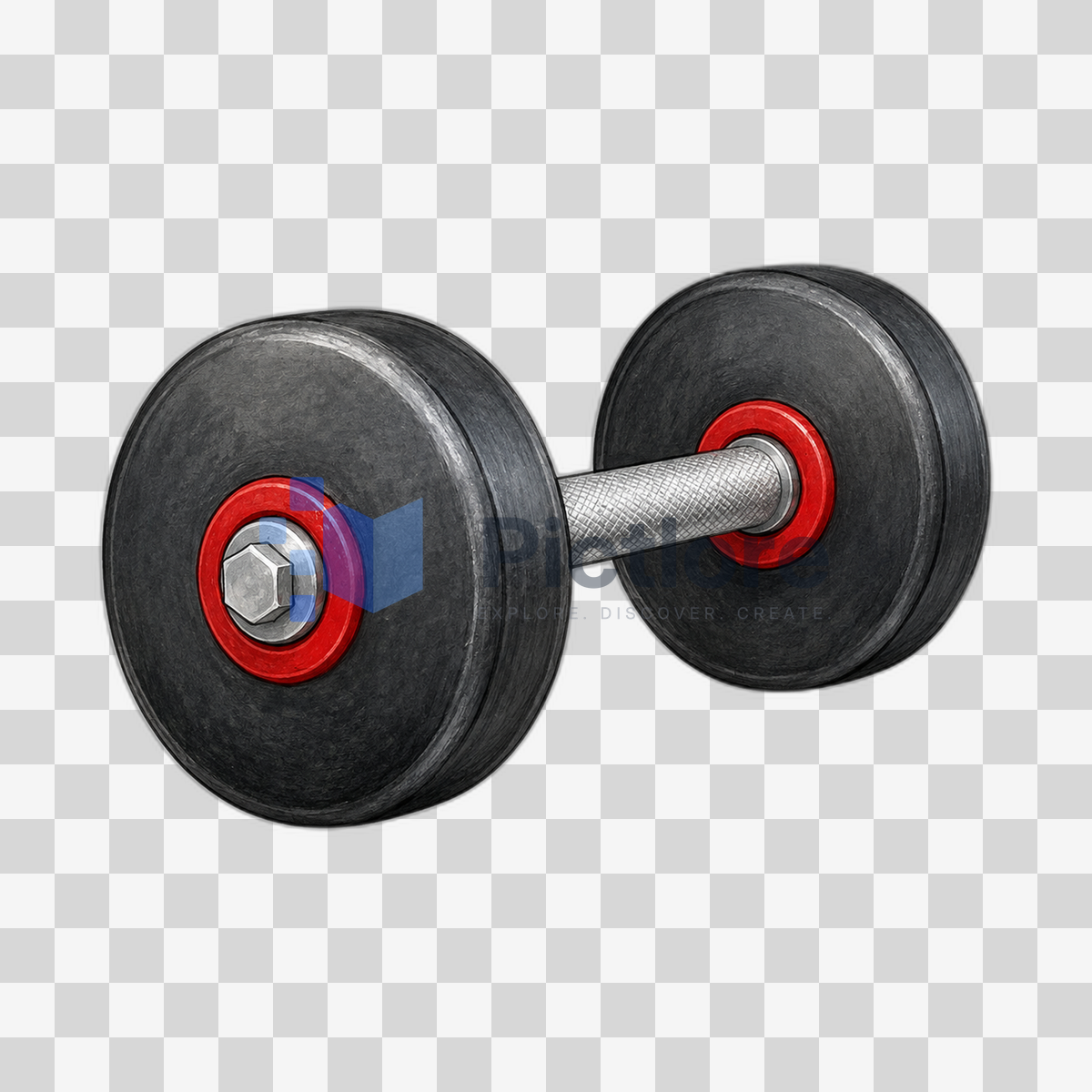 Black round dumbbell with red hub rings, a textured silver handle and a silver centre bolt.