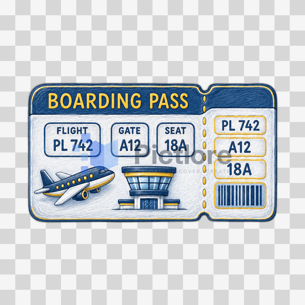 Whale-blue, white and yellow boarding pass showing flight PL 742, gate A12 and seat 18A.