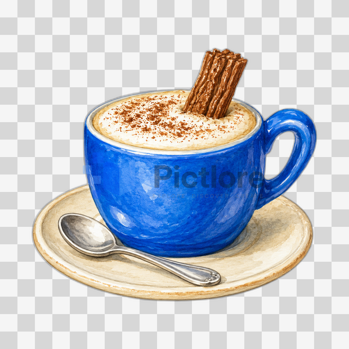 Illustrated cappuccino with cocoa powder, a chocolate flake and silver spoon