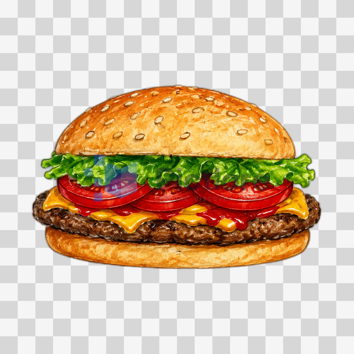 Sesame-bun hamburger filled with lettuce, tomato, ketchup, mustard, melted cheese and a grilled beef patty.