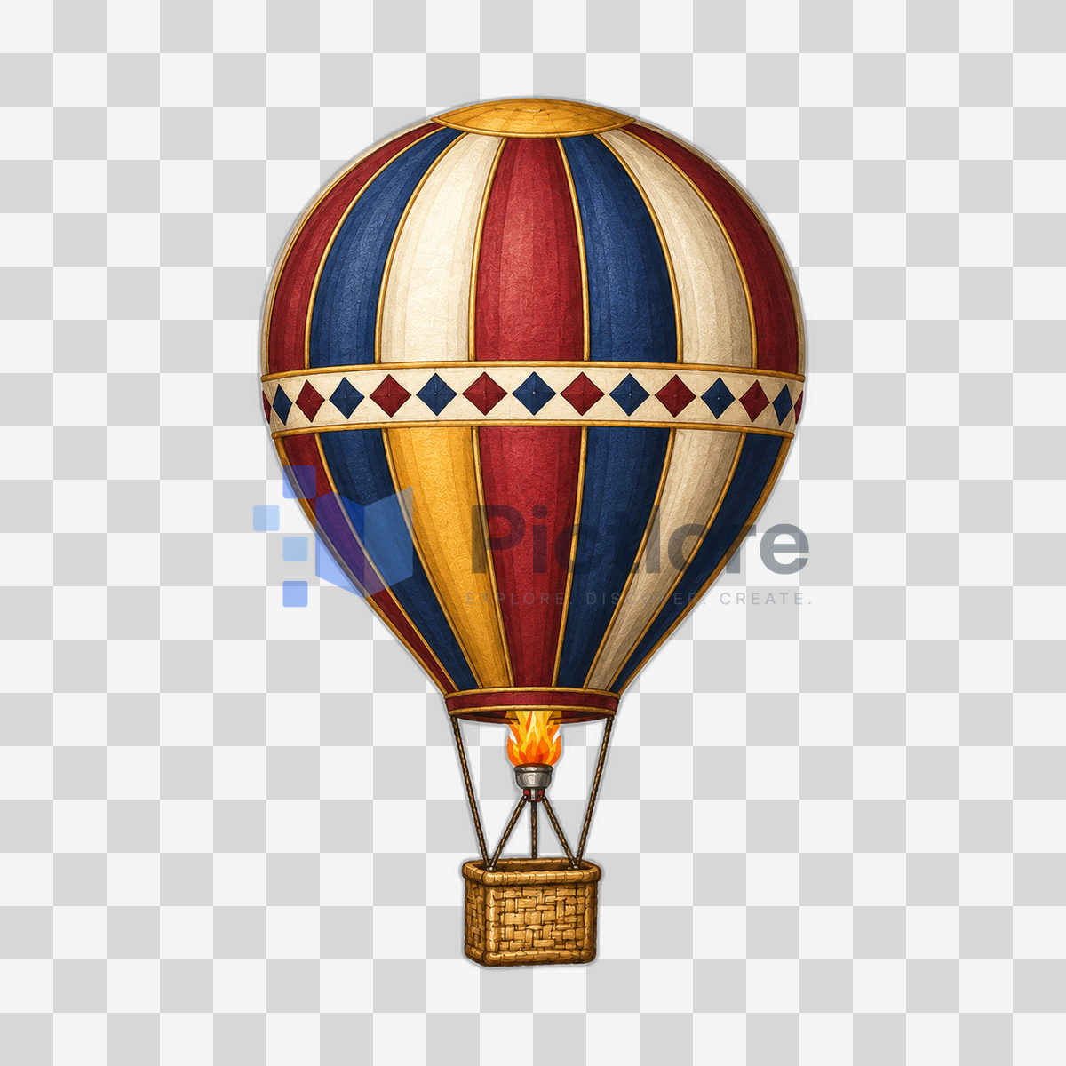 Illustrated vintage hot air balloon with striped fabric panels and a wicker basket