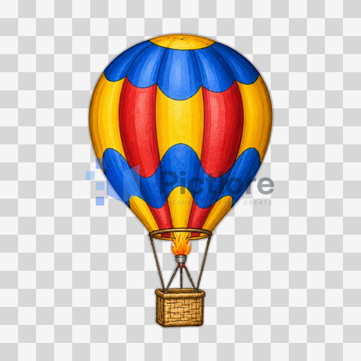 Illustrated red, yellow and blue hot air balloon with a wicker basket