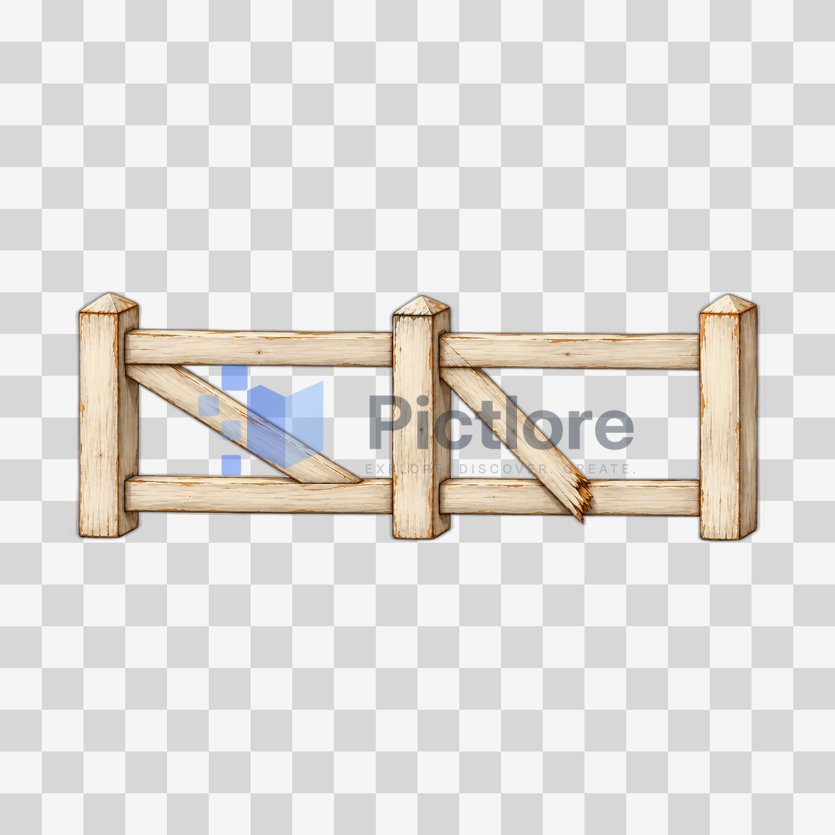 White countryside fence with three posts, two rails and a broken diagonal brace on the right.
