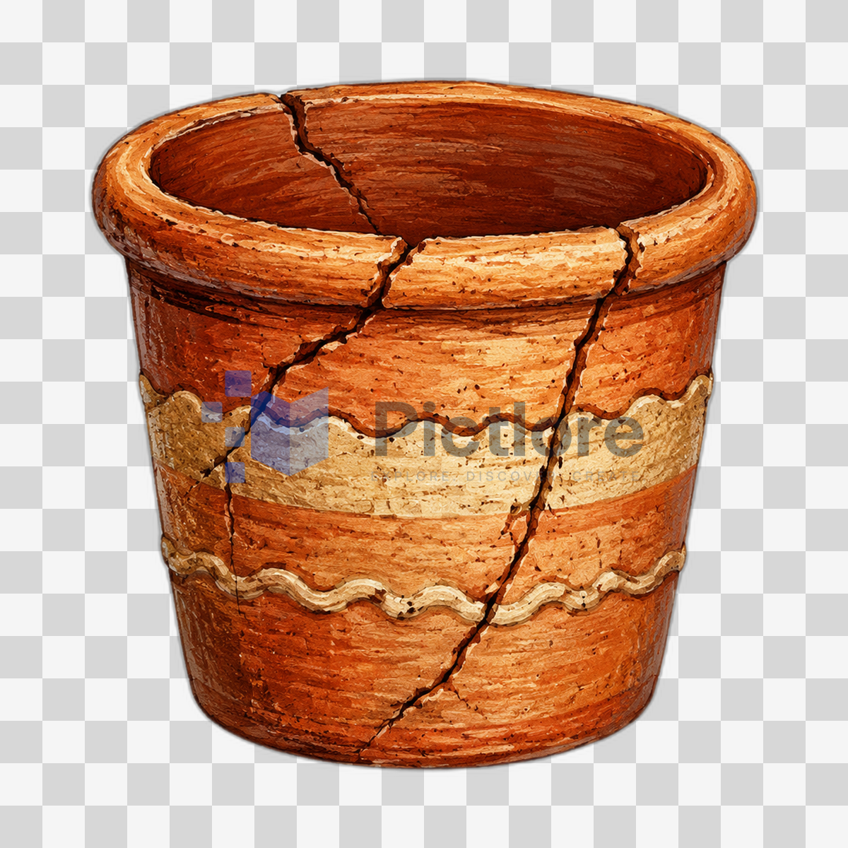 Rustic cracked terracotta flower pot with sandy wavy decorative bands.