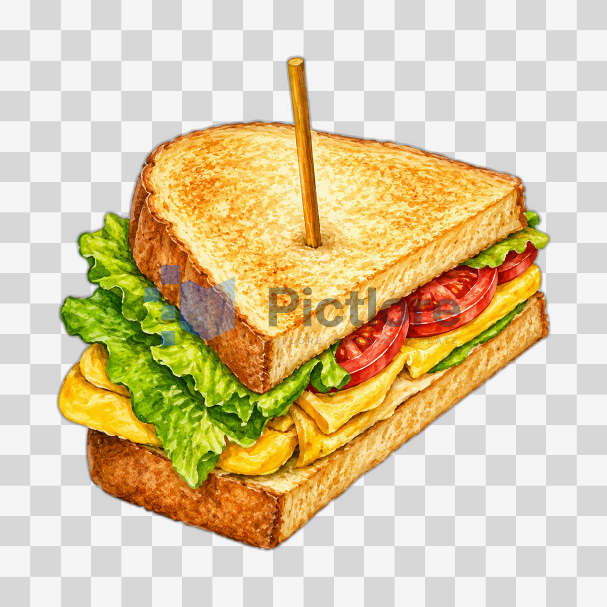 Illustrated toasted egg sandwich with lettuce, tomatoes and a wooden skewer
