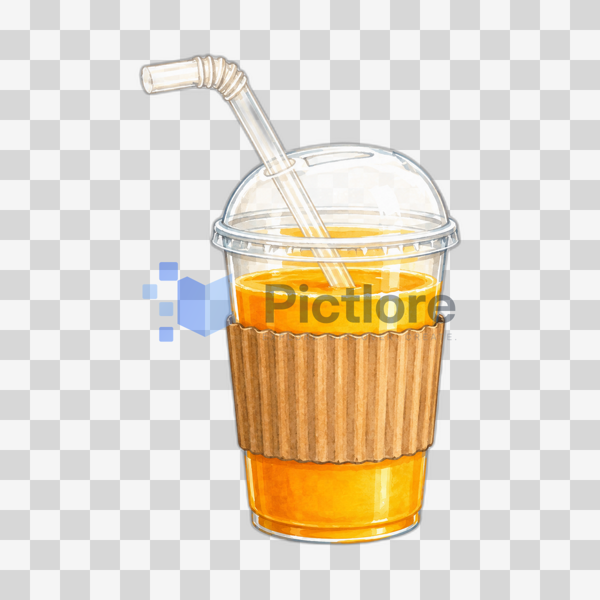 Illustrated fresh orange juice in a plastic cup with a cardboard sleeve and bendable straw
