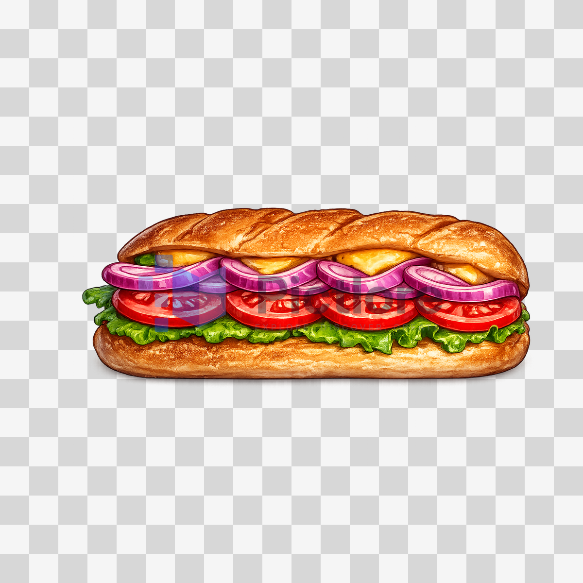 Fresh sub sandwich with lettuce, tomato and red onion