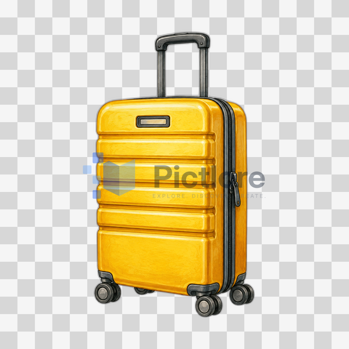 Illustrated golden-yellow hard-shell suitcase with an extended handle and four wheels