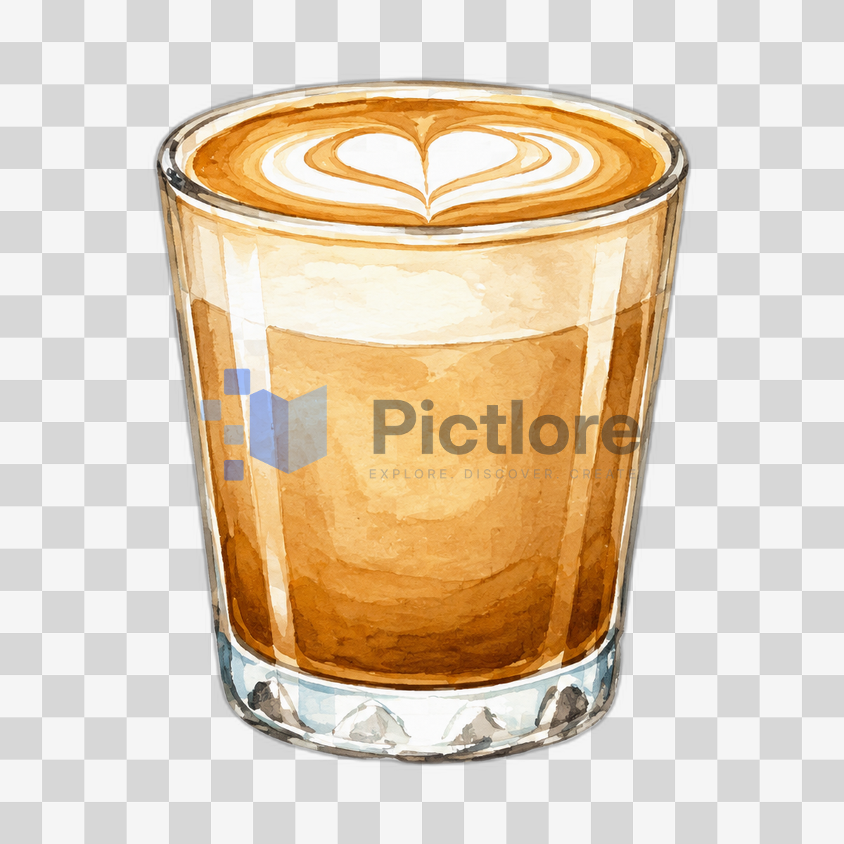 Illustrated latte in a clear glass with heart-shaped foam art