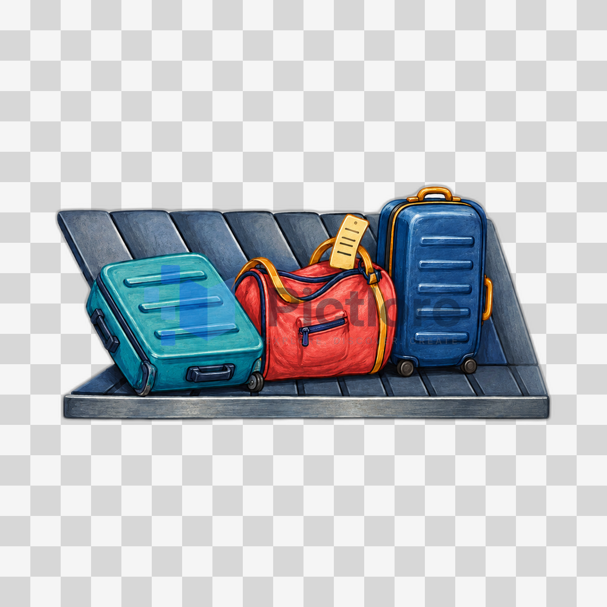 Turquoise suitcase, coral duffel bag and whale-blue suitcase on an airport baggage reclaim carousel.