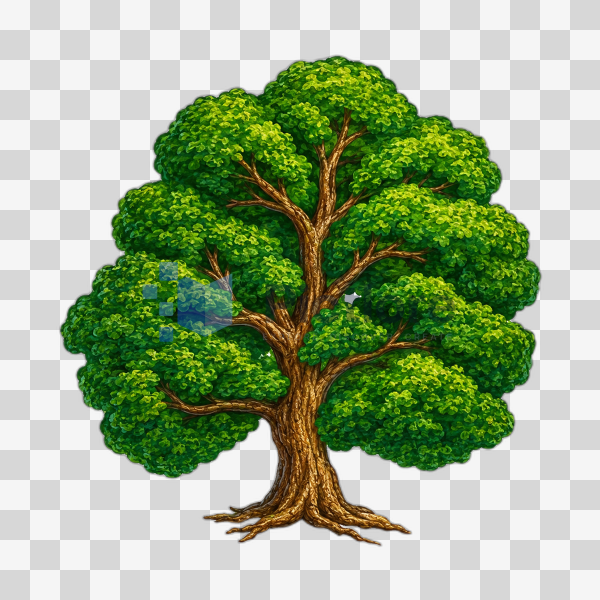 Mature green tree with a textured brown trunk, open leafy branches and exposed spreading roots.