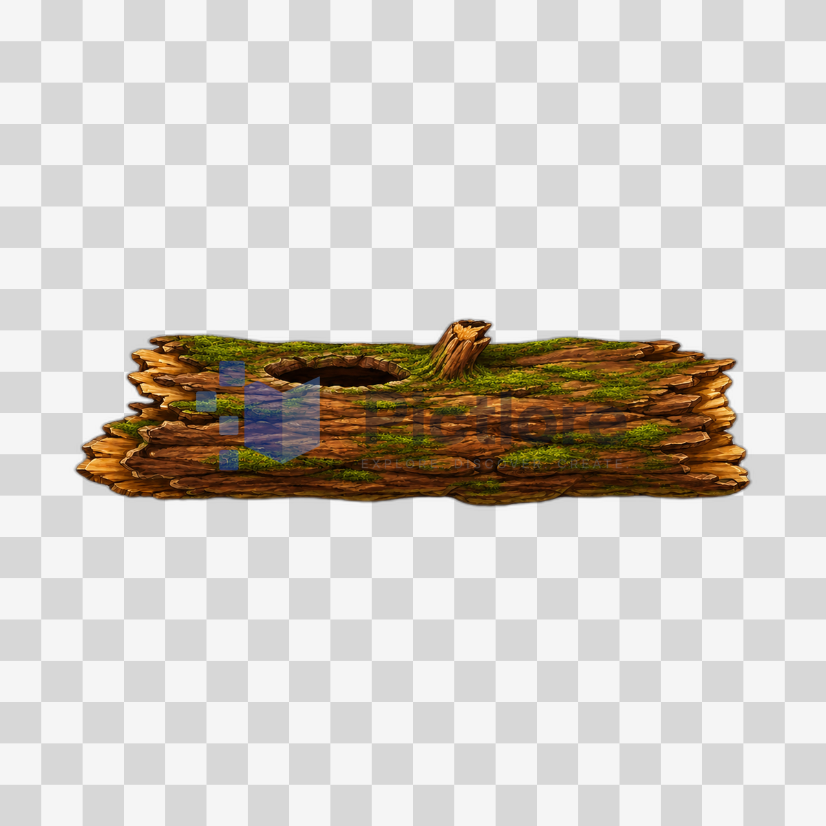 Fallen hollow log with detailed brown bark and patches of green moss.