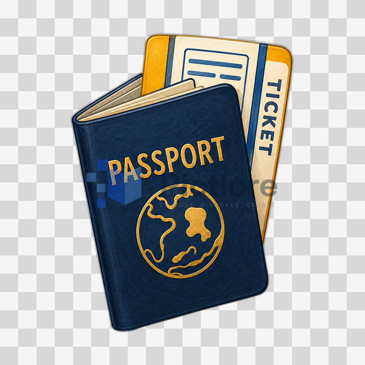 Navy passport with a gold globe emblem and an ivory travel ticket tucked behind it.
