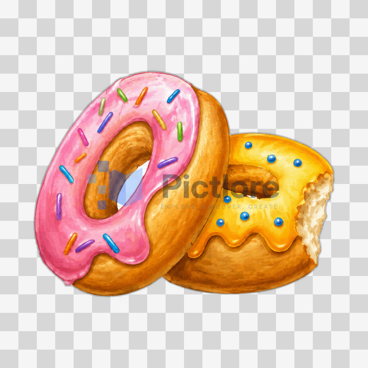 Two illustrated iced doughnuts, including one with a bite taken from it