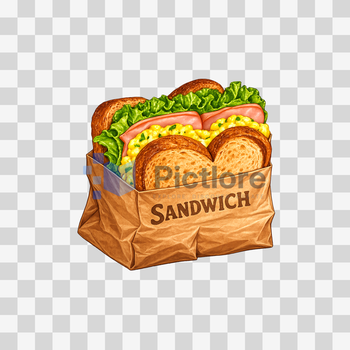 Illustration of a scrambled egg and ham sandwich with lettuce and toasted bread in a brown paper bag.