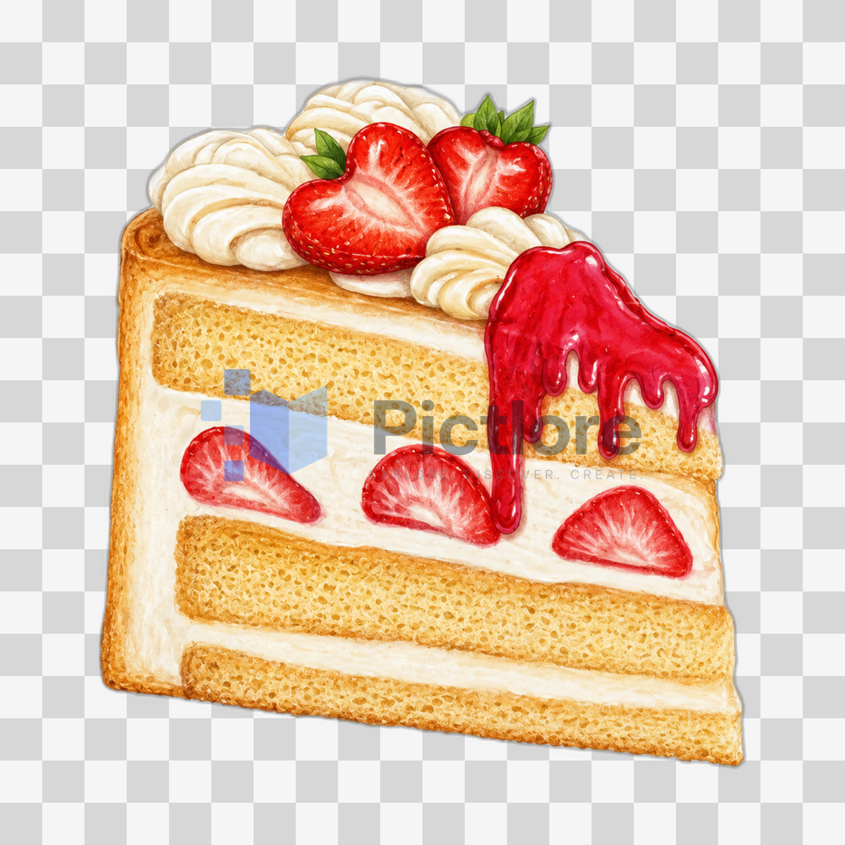 Digital illustration of a strawberry fresh cream cake slice with layered sponge, fresh cream, sliced strawberries and dripping strawberry sauce.